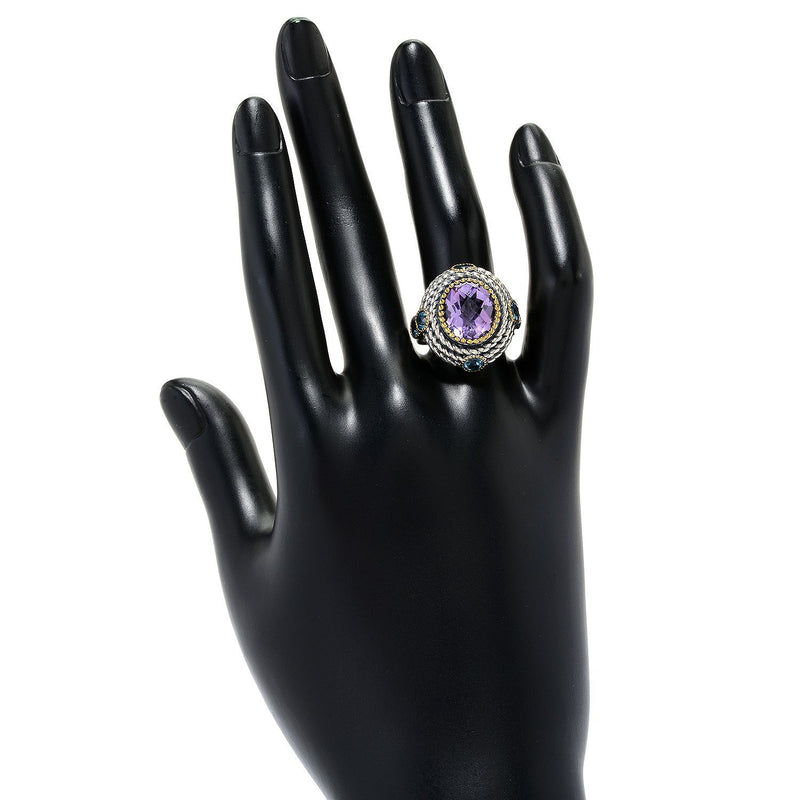 925 Sterling Silver Women Cocktail Ring Pink Amethyst and Blue Topaz