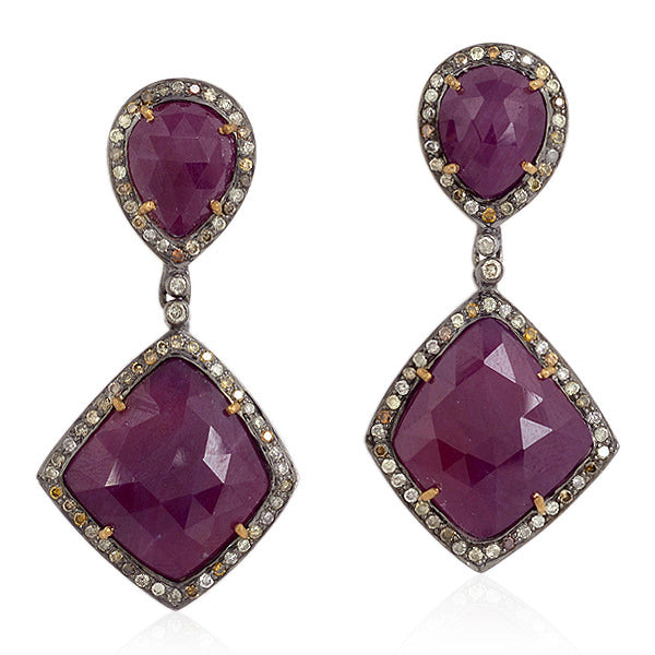 26.6ct Ruby & Diamond Dangle Earrings 18k Gold Sterling Silver Jewelry