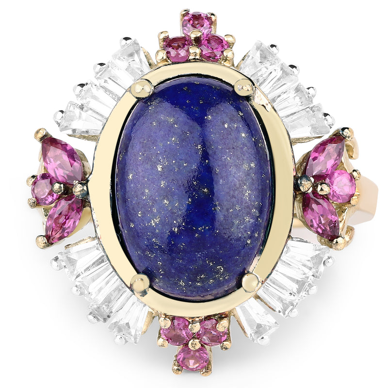 14K Yellow Gold Plated 6.72 Carat Genuine Lapis, Rhodolite & White Topaz .925 Sterling Silver Ring