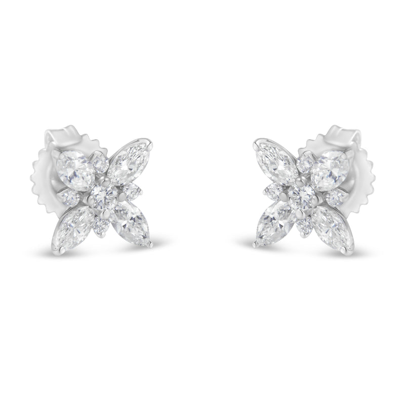 14K White Gold Marquise Diamond Flower Stud Earring (1.00 cttw, H-I Color, SI1-SI2 Clarity)