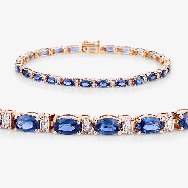 5.73 Carat Genuine Blue Sapphire and White Diamond 14K Yellow Gold Bracelet