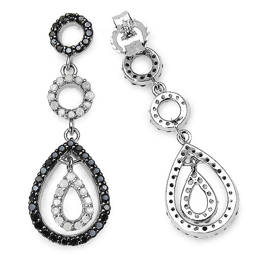 0.90 Carat Genuine Black Diamond & White Diamond .925 Sterling Silver Earrings