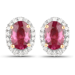 1.23 Carat Genuine Ruby and White Diamond 18K Yellow Gold Earrings