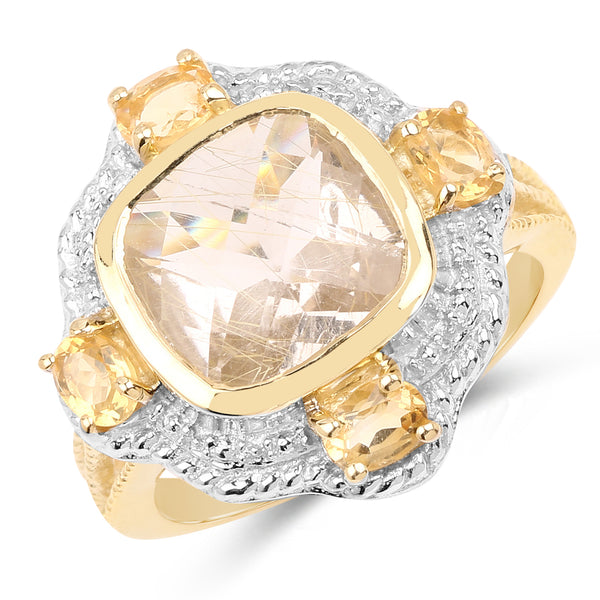 14K Yellow Gold Plated 4.07 Carat Genuine Golden Rutile and Citrine .925 Sterling Silver Ring