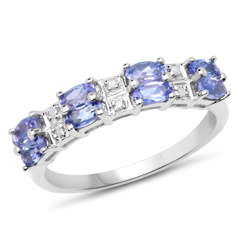 14K White Gold Plated 0.99 Carat Genuine Tanzanite and White Topaz .925 Sterling Silver Ring
