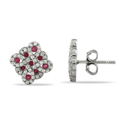18k White Gold Studded Ruby & Diamond Stud Earrings Women Fine Jewelry