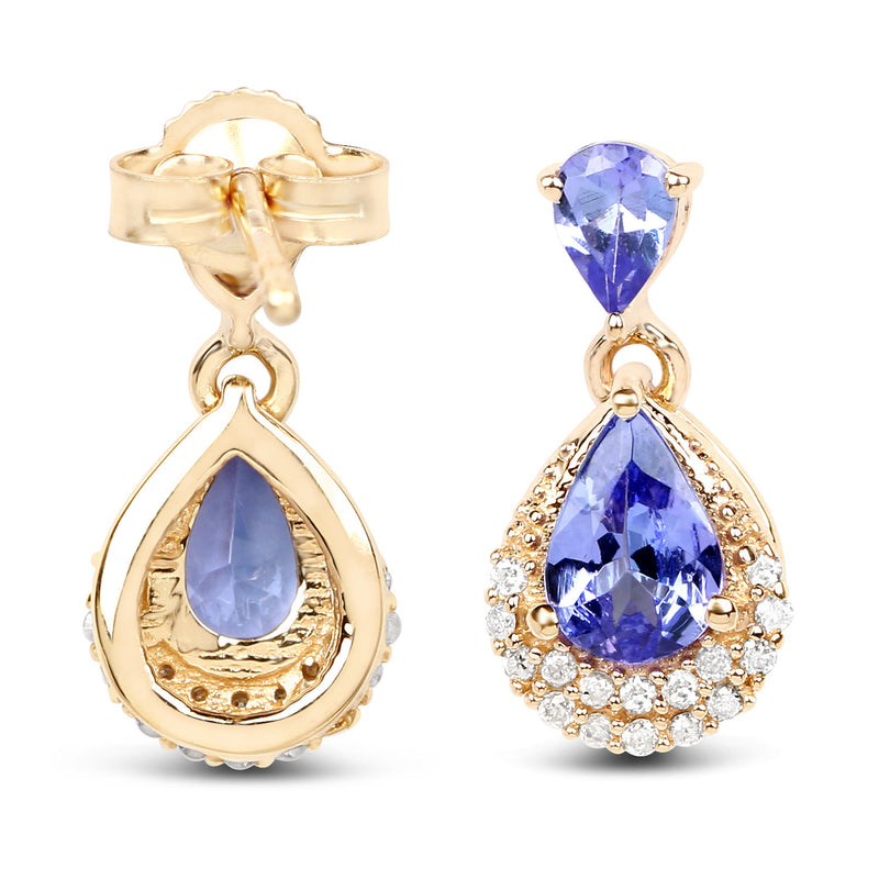 1.12 Carat Genuine Tanzanite and White Diamond 14K Yellow Gold Earrings