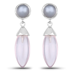 13.20 Carat Genuine Grey Moonstone And Rose Quartz .925 Sterling Silver Earrings