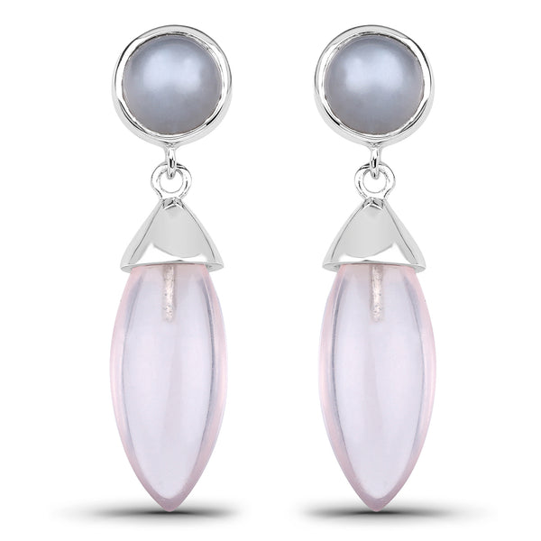 13.20 Carat Genuine Grey Moonstone And Rose Quartz .925 Sterling Silver Earrings