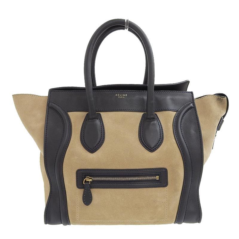 Celine Luggage Mini Shopper Handbag Velor Leather Beige Black