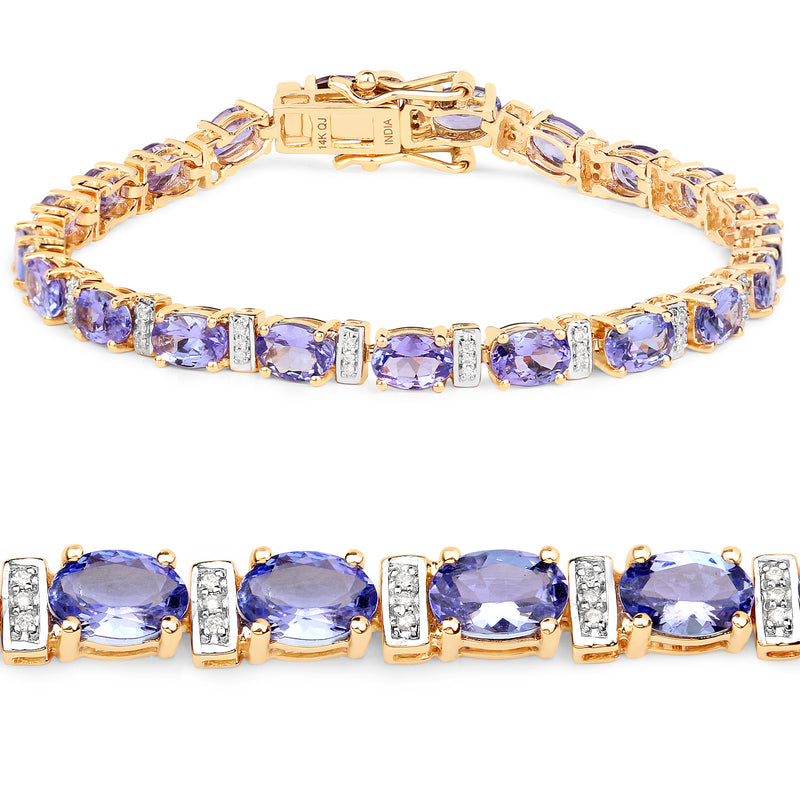 9.43 Carat Genuine Tanzanite and White Diamond 14K Yellow Gold Bracelet