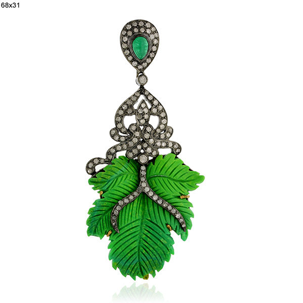 18k Gold Emerald/Turquoise/Diamond High Fashion Feather Pendant Jewelry