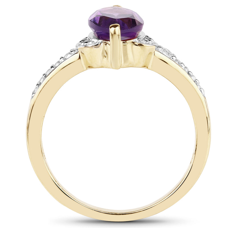 14K Yellow Gold Plated 1.45 Carat Genuine Amethyst & White Topaz .925 Sterling Silver Ring
