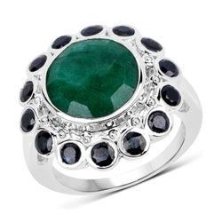 6.88 Carat Dyed Emerald & Blue Sapphire .925 Sterling Silver Ring