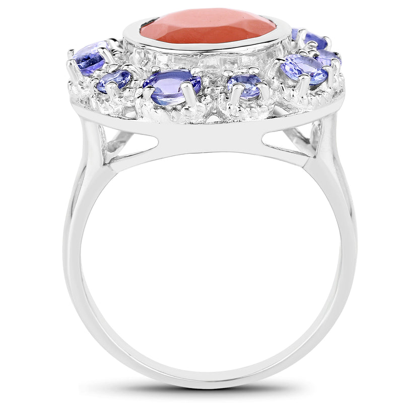 4.50 Carat Genuine Peach Moonstone and Tanzanite .925 Sterling Silver Ring