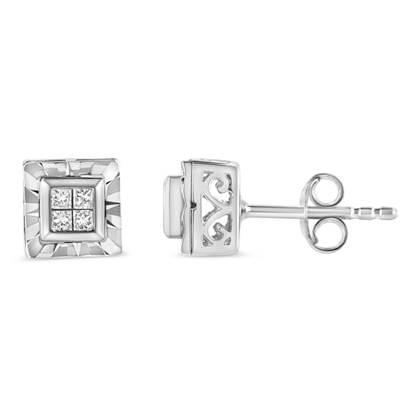 .925 Sterling Silver 1/6 Cttw Invisible Set Princess-Cut Diamond Quad Composite Stud Earrings (H-I Color, I1-I2 Clarity)