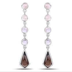 7.22 Carat Genuine Rose Quartz And Smoky Quartz .925 Sterling Silver Earrings