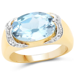 14K Yellow Gold Plated 6.56 Carat Genuine Blue Topaz and White Topaz .925 Sterling Silver Ring