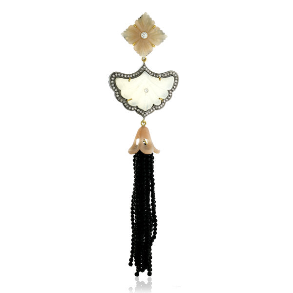 Onyx Moonstone Floral Style Tassel Diamond Pendant 18k Gold Silver Jewelry