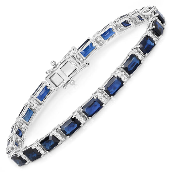 12.77 Carat Genuine Blue Sapphire and White Diamond 14K White Gold Bracelet