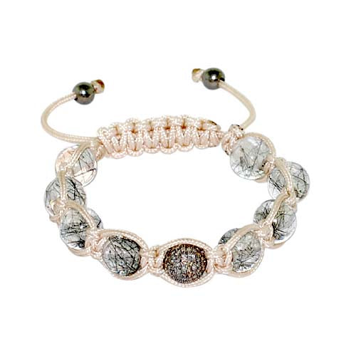 Diamond 54.45ct Rutilated Quartz Beads Macrame Bracelet Sterling Silver Jewelry