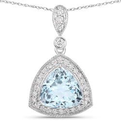 3.23 Carat Genuine Aquamarine and White Diamond 14K White Gold Pendant