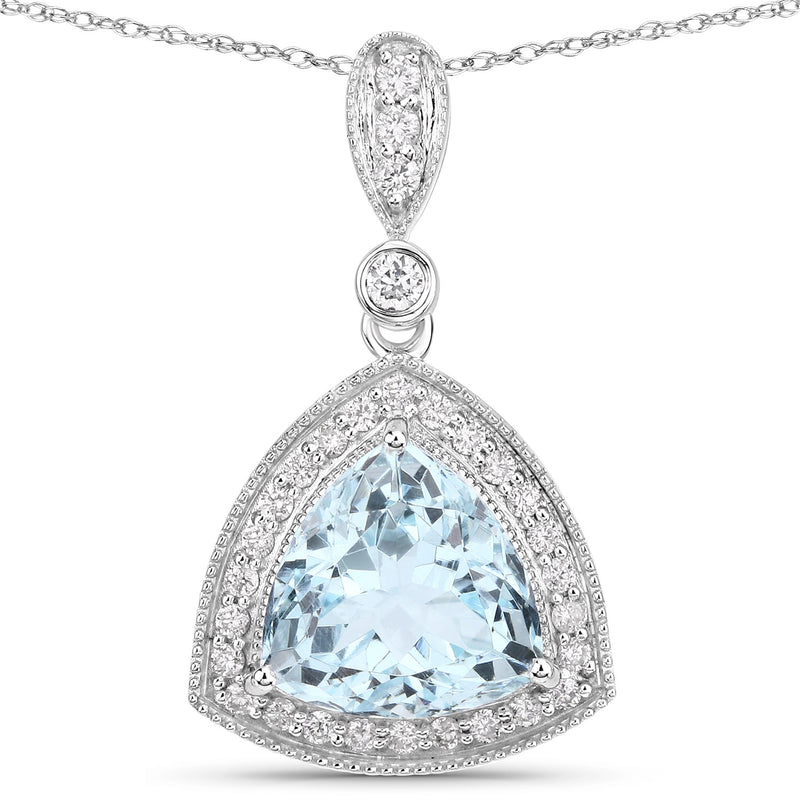 3.23 Carat Genuine Aquamarine and White Diamond 14K White Gold Pendant