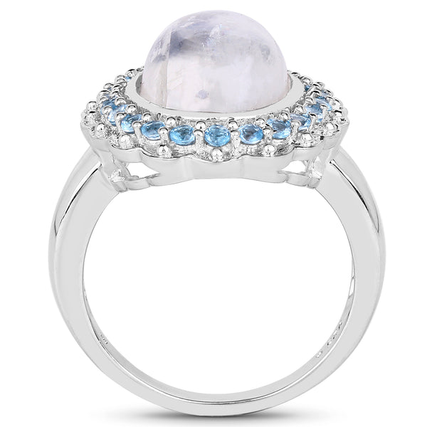 7.21 Carat Genuine White Rainbow Moonstone & Swiss Blue Topaz .925 Sterling Silver Ring