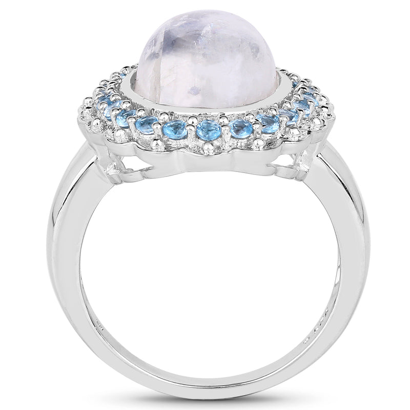 7.21 Carat Genuine White Rainbow Moonstone & Swiss Blue Topaz .925 Sterling Silver Ring