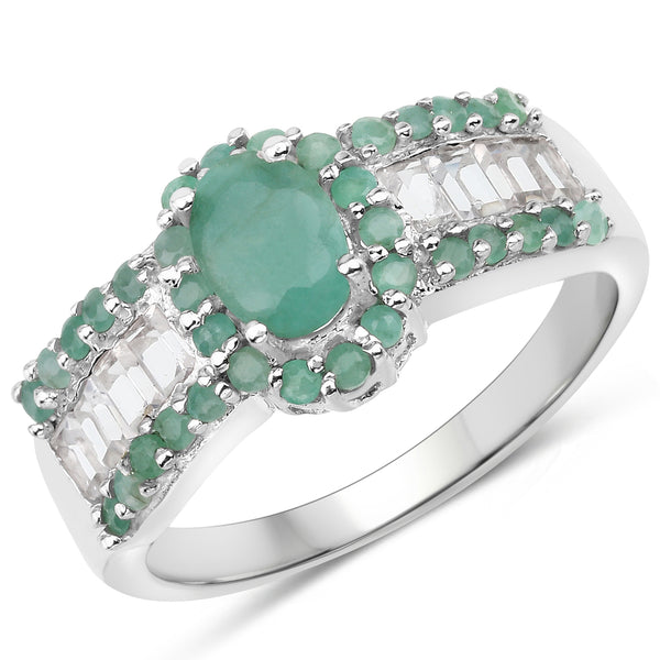 1.97 Carat Genuine Emerald and White Topaz .925 Sterling Silver Ring