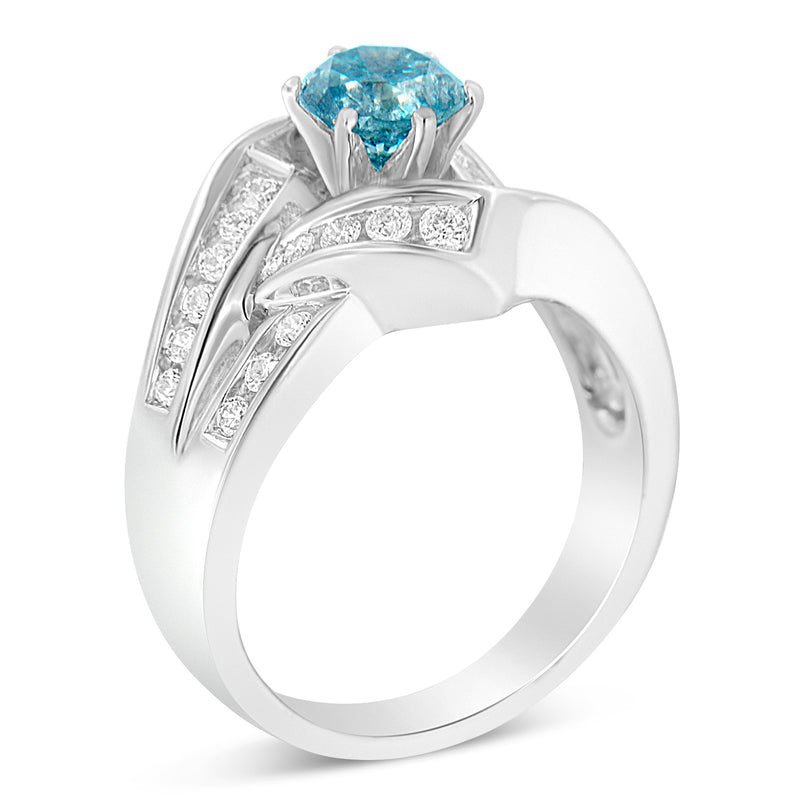 14k White Gold 1 1/2ct TDW Treated Blue Round Diamond Cocktail Ring(H-I SI1-SI2)