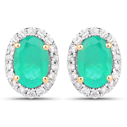 0.99 Carat Genuine Zambian Emerald and White Diamond 14K Yellow Gold Earrings