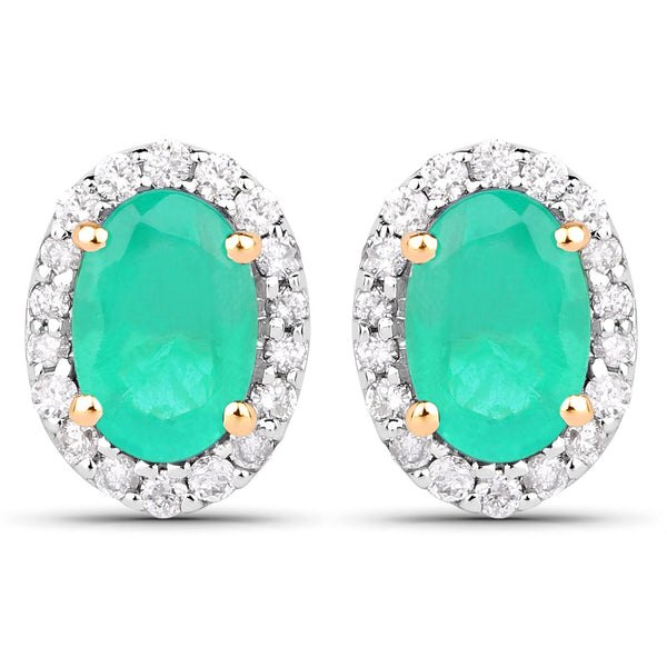 0.99 Carat Genuine Zambian Emerald and White Diamond 14K Yellow Gold Earrings