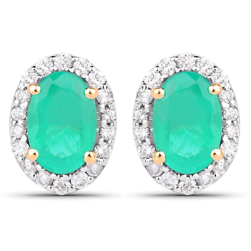 0.99 Carat Genuine Zambian Emerald and White Diamond 14K Yellow Gold Earrings