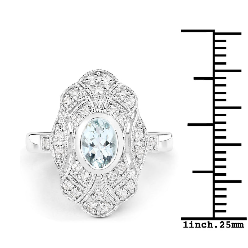 1.02 Carat Genuine Aquamarine and White Topaz .925 Sterling Silver Ring