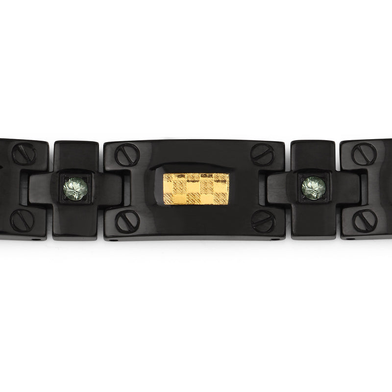 Black Titanium Men's Bracelet, Mens Titanium Bracelet with Gold Plated Steel Inlay, 0.56ctw. Natural Green Sapphire Rounds