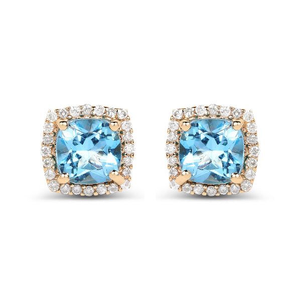 1.58 Carat Genuine Swiss Blue Topaz and White Diamond 14K Yellow Gold Earrings