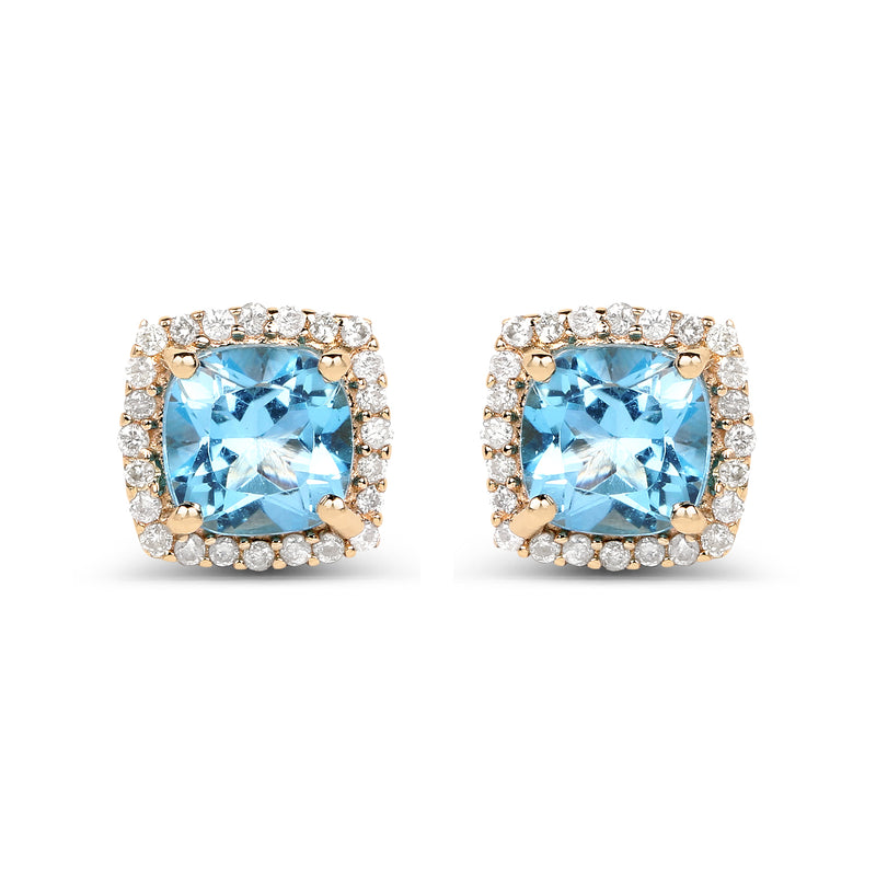 1.58 Carat Genuine Swiss Blue Topaz and White Diamond 14K Yellow Gold Earrings