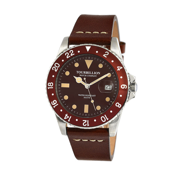 TOURBILLION WATCH COMPANY VINTAGE COLLECTION WATCH SILVER CASE BROWN DIAL WITH INDEX AND BROWN ALUMINUM BEZEL WITH BROWN GENUINE LEATHER STRAP