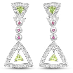 1.28 Carat Genuine Peridot, Ruby & White Cubic Zirconia .925 Sterling Silver Earrings