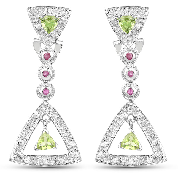 1.28 Carat Genuine Peridot, Ruby & White Cubic Zirconia .925 Sterling Silver Earrings