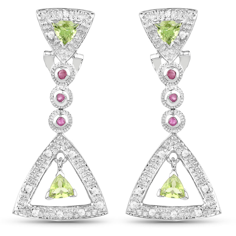 1.28 Carat Genuine Peridot, Ruby & White Cubic Zirconia .925 Sterling Silver Earrings