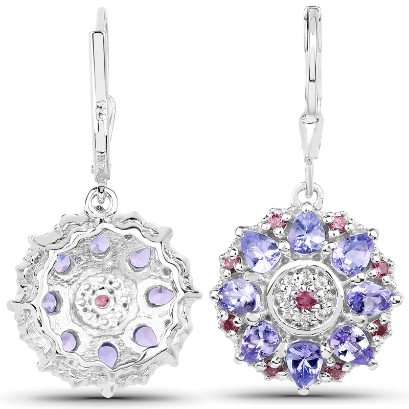 2.90 Carat Genuine Tanzanite, Rhodolite & White Topaz .925 Sterling Silver Earrings