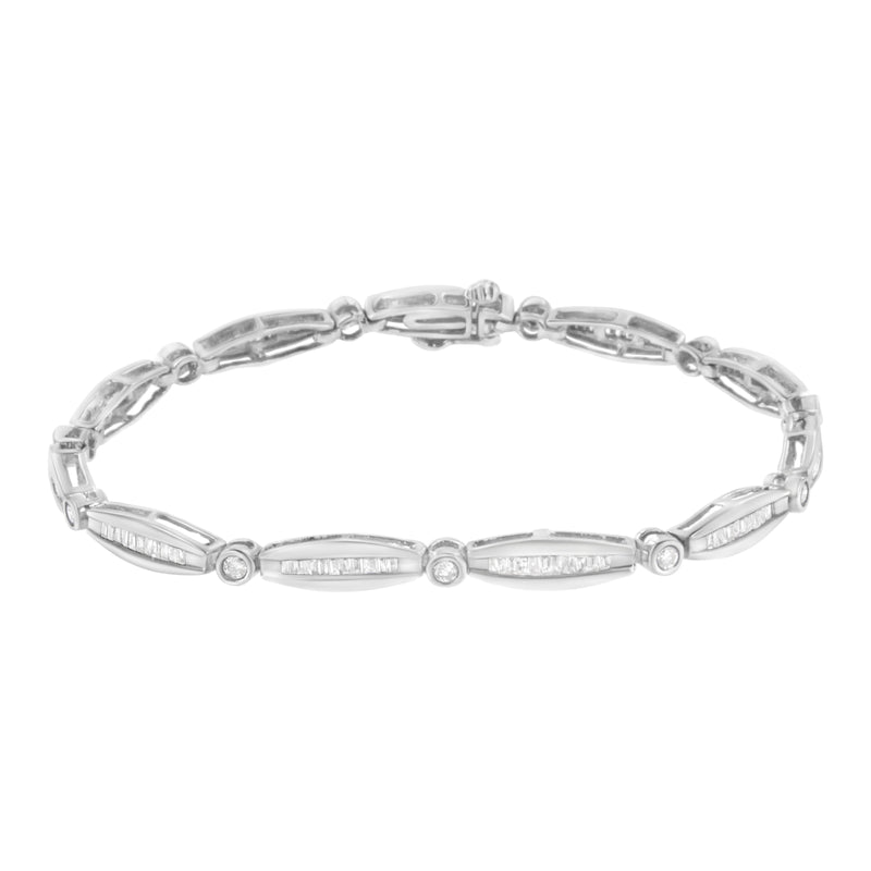 14K White Gold 1-1/2 Cttw Round Brilliant-Cut & Baguette Cut Diamond Bezel and Tapered Link 7" Tennis Bracelet (H-I Color, I1-I2 Clarity)