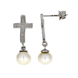 .05ct Fresh Water Pearl Cross Earrings 10KT White Gold