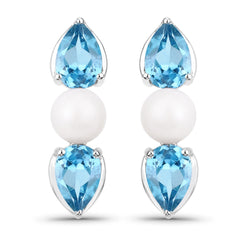 3.22 Carat Genuine Blue Topaz and Pearl .925 Sterling Silver Earrings