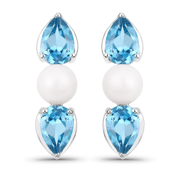 3.22 Carat Genuine Blue Topaz and Pearl .925 Sterling Silver Earrings