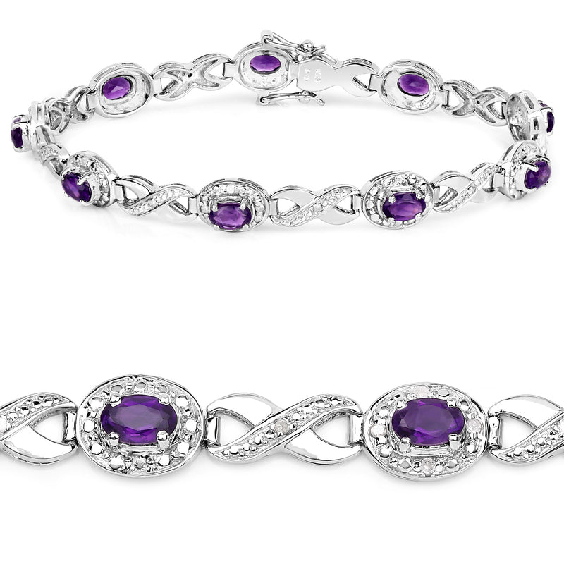 3.58 Carat Genuine Amethyst and White Diamond .925 Sterling Silver Bracelet