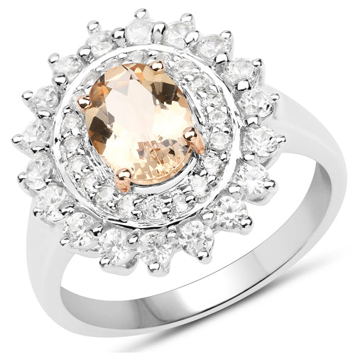 Two Tone Plated 2.30 Carat Genuine Peach Morganite and White Zircon .925 Sterling Silver Ring