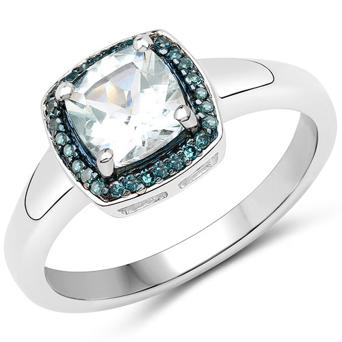 0.83 Carat Genuine Aquamarine and Blue Diamond .925 Sterling Silver Ring